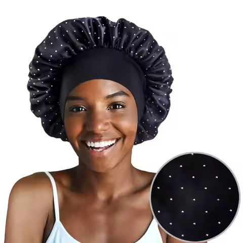 New Full Rhinestone Wide Band Bonnet Satin Night Sleep Hat Hair Care Turban Bandanas Cap Headwrap Salon Shower Makeup Headband https://tinyurl.com/2659tlje