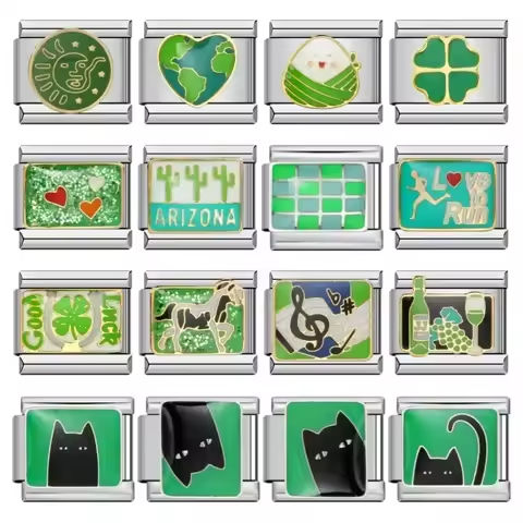 Fresh Green Element Series Kitten Checkered Love Cactus Charm Italian Links 9mm Stainless Steel Bracelet Women Men DIY Jewelry https://tinyurl.com/26r4mcwx