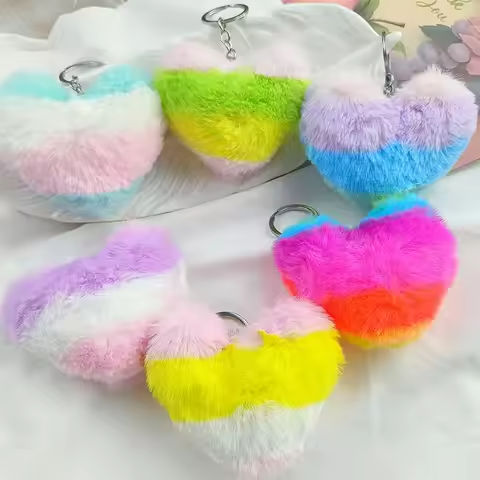 Creative Plush Rainbow Color Love Heart Keychain Backpack Hangings Keyring Small Accessory for Woman Key Chain Ring Gift https://tinyurl.com/2xkl6uj7