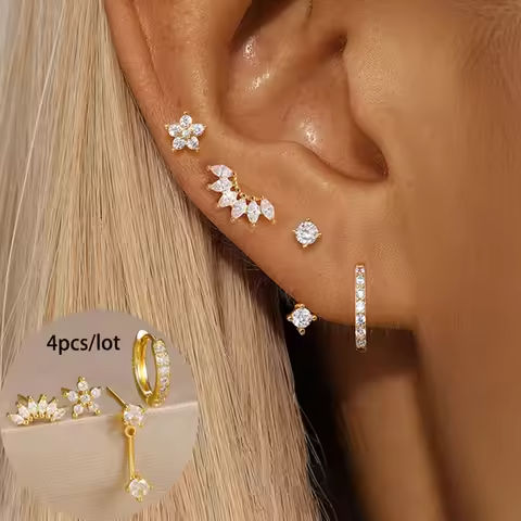 4PCS Stainless Steel Circle Huggie Hoop Earrings Set for Women Gold Color Unique Zircon Flower Stud Earring Piercing Jewelry https://tinyurl.com/2a8284u9
