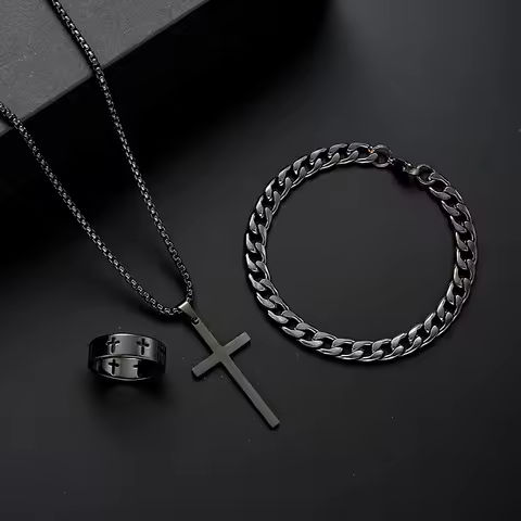 3pcs Set Men’s Stainless Steel Metal Cross Pendant Chain Necklace Bracelet Ring Jewelry Set Male Hip Hop Daily Wear Accessories https://tinyurl.com/2yrjjn95