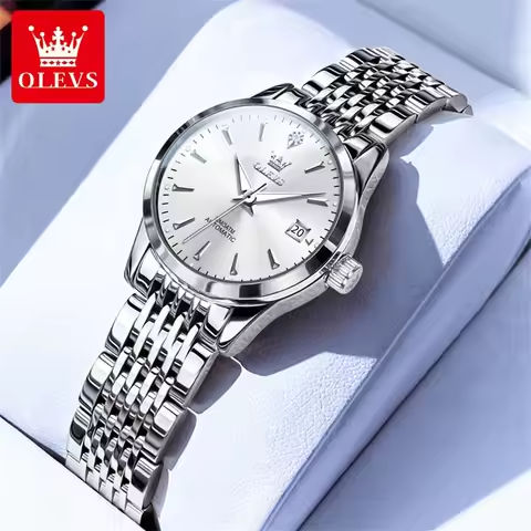 OLEVS 6635 Women’s Mechanical Watch Simple Luxury Elegant Ladies Wristwatch Stainless Steel Waterproof Calendar Automatic Watch https://tinyurl.com/27ncp2dl