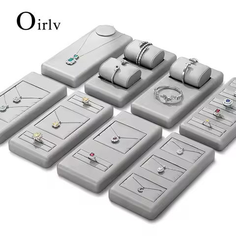 Oirlv Light Grey Leather Jewelry Display Set for Earring Ring Necklace Bangle Shop Trays Counter Jewelry Display Props https://tinyurl.com/2cycmbyc
