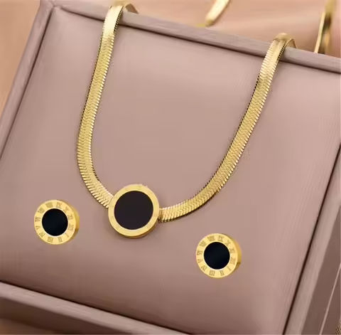 3pcs/set Stainless Steel Jewelry Set Snake Chain Necklace & Roman Numerals Black Inlay Stud Earrings For Women https://tinyurl.com/2afqj8h8