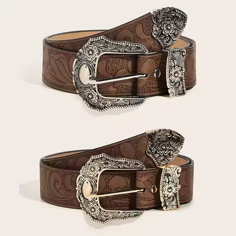 Western Brown PU Leather Vintage Belt Female Cowgirl Waist Belt with Metal Caved Buckle 3set Designer Belts For Women Jeans https://tinyurl.com/249fmt53