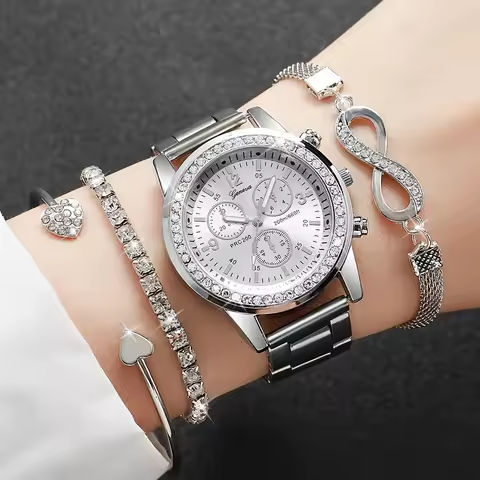4PCS/Set Fashion Rhinestone Women‘s Watch Stainless Steel Band Quartz Watches Silver Bracelets Set https://tinyurl.com/2aev9hmg