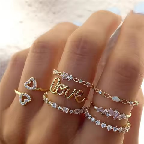 Boho Zircon Rings Set for Women, Gold Color Bohemia Crystal Letter Love Heart Moon Arrow Flower Ring Wedding Jewelry Gifts https://tinyurl.com/26b4v5nn