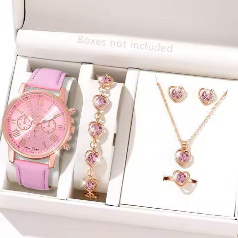 Pink 6PCS/Set Women Watch Roman Numeral Dial Quartz Wristwatch PU Leather Strap Watch Heart Diamond Jewelry Set Gift For Her https://tinyurl.com/2367gls6