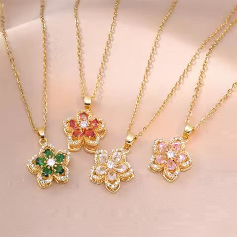 Shiny Zircon Romantic Flower Pendant Necklace For Women Gold Plated Rotatable Flowers Choker Girls Wedding Party Luxury Jewelry https://tinyurl.com/2yybqn36
