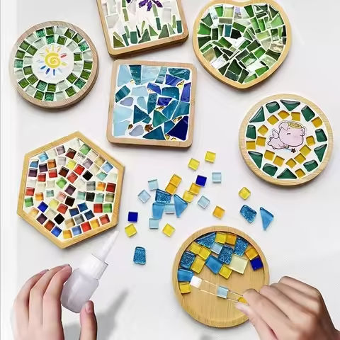 Handmade DIY Mosaic Cup Mat Bottom Bamboo Pad Heart Square Coaster Parent-Child Early Education Free Creation Handicraft Toys https://tinyurl.com/25vzoe47