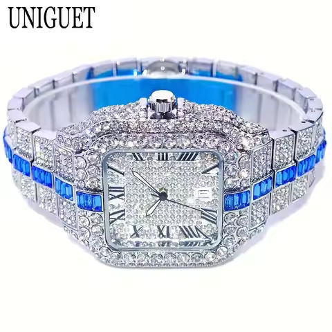 Hot Fashion Full Diamond Watch Men UNIGUET Brand Hip Hop Iced Out Bling Jewelry Square Quartz Wristwatch For Man Dropshipping https://tinyurl.com/25rxqezt