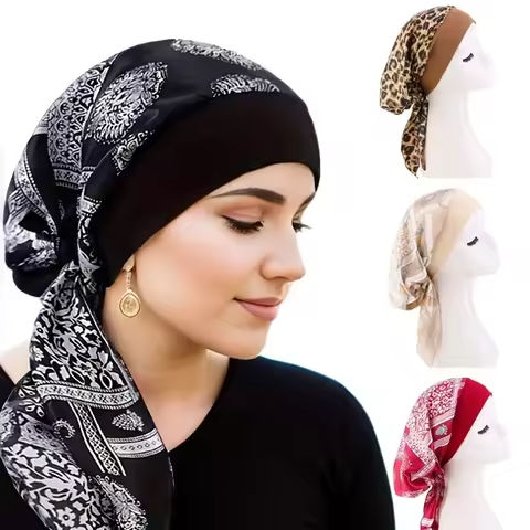Pre-Tied Satin Printed Women Muslim Hijab Turban Sleep Night Cap Bonnet Headwrap Head Scarf Wrap Cover Hair Loss https://tinyurl.com/244m9cum