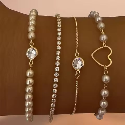 Vintage Crystal Rhinestones Gold Color Metal Heart Bracelet Set for Women Faux Pearl Hollow Heart Bracelet Gift Daily Jewelry https://tinyurl.com/26utr9nb