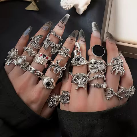 24Pcs/Set Punk Gothic Rings Sets Silver Color Skeleton Spider Poker Joker Eyes Heart Rings For Men Fashion Hip Hop Jewelry Gifts https://tinyurl.com/2dpgen66