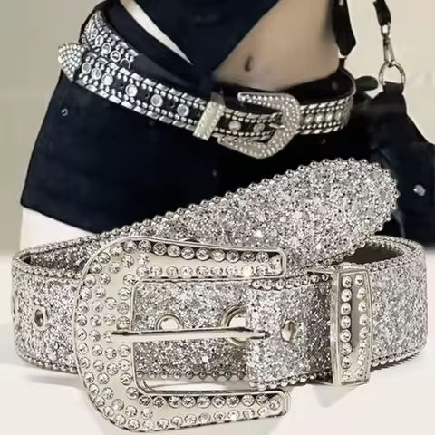 Y2K Women Fashion Solid Print Studded Full Rhinestone Belt PU Leather Bling Crystal Adjustable Glitter Waistband for Club Party https://tinyurl.com/2xnh4xvc