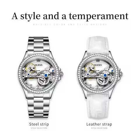 OLEVS Luxury Women Automatic Mechanical Watch Stainless Steel Diamond Inlay Fully Hollow Design Luminous Dial Elegant Wristwatch https://tinyurl.com/2482m6k9