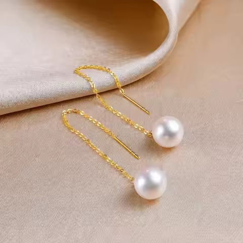 Labb Real 18 K gold freshwater pearl ear line AU750 gold earrings women’s boutique jewelry gift E166 https://tinyurl.com/25spmu8h