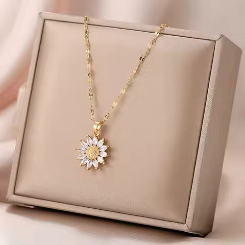 Gold Plated Sunflower Necklace for Women Jewelry Titanium Steel Zircon Big Pendant Necklace Luxury Choker Korea Style Wholesale https://tinyurl.com/23l864l8