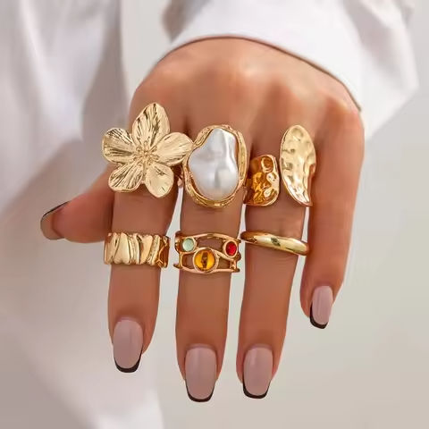 6Pcs/Set Gold Color Imitation Pearl Open Ring for Women Vintage Colorful Flower Crystal Rings Set Engagement Party Jewelry Gifts https://tinyurl.com/27mg9vnr