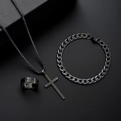 3pcs Set Men’s Stainless Steel Metal Cross Pendant Chain Necklace Bracelet Ring Jewelry Set Male Hip Hop Daily Wear Accessories https://tinyurl.com/2aj755pw