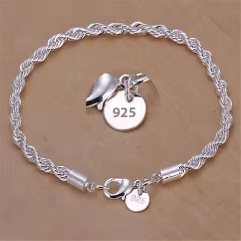 New High quality 925 Sterling Silver 4MM Women Men chain Male Twisted Rope Bracelets Fashion Silver Jewelry https://tinyurl.com/24q2mbfn