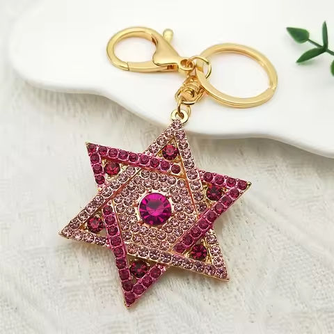 Hexagram Star of David Blessing  Keychain for Women Men Pink Rhinestone Gold Color Jewish Key Chains Jewelry chaveiro K9646S01 https://tinyurl.com/24u8uwcj
