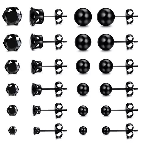 1 Pair Black Stainless Steel Round Cubic Zirconia Ball Stud Earrings Set Punk Piercing Jewelry For Men Women 3-8mm https://tinyurl.com/28k8uuu9