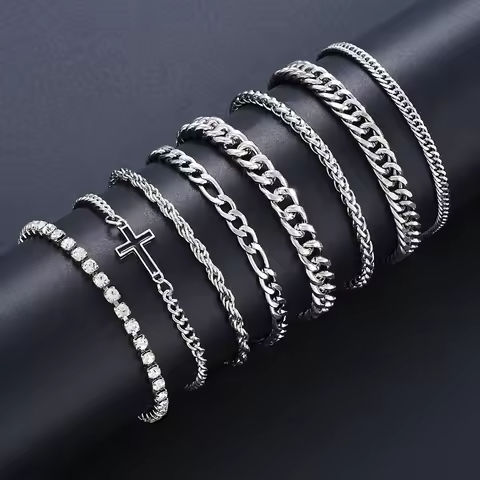 8Pcs Stainless Steel Cross Cuban Bracelets For Men Women Punk Silver Color Crystal Twist Chain Bracelet Daily Wear Fashion https://tinyurl.com/2a6coe7u