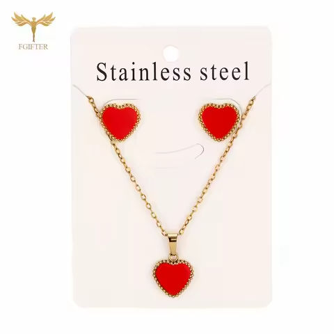 Beautiful Red Heart Jewelry for Women Golden Stainless Steel Stud Earrings Necklace Set 40cm Chain Oil Drip Pendant Charms Gifts https://tinyurl.com/2974kzyc