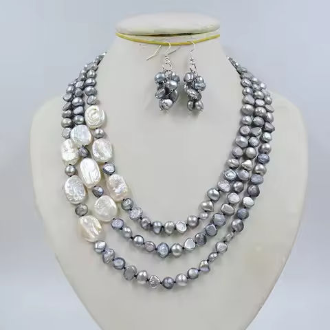 3-strand 8MM natural gray/white Baroque pearl necklace/earring set https://tinyurl.com/2cmy2ga8