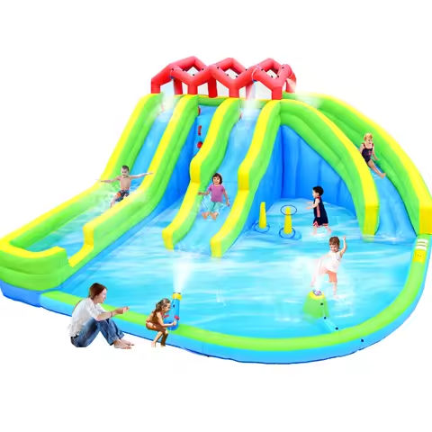 7 in1 Inflatable Water Park Three Slide with Blower Water Gun Sprinkler Fountain Climbing Wall for Children https://tinyurl.com/2abl2l33