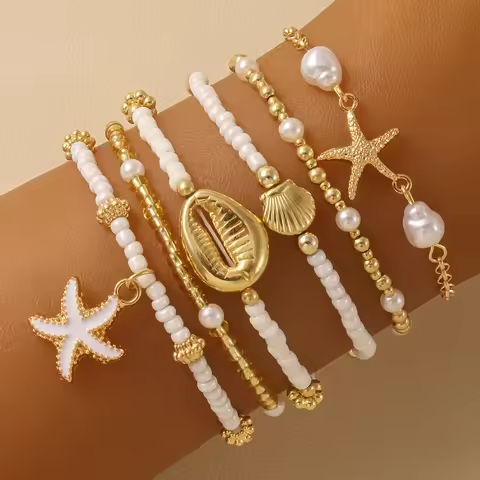 Vintage Seed Bead Stacked Bracelet Set Starfish Shell Embellishment Bracelets Elegant Women’s Summer Beach Party Ideal Jewelry https://tinyurl.com/2y7gws8b