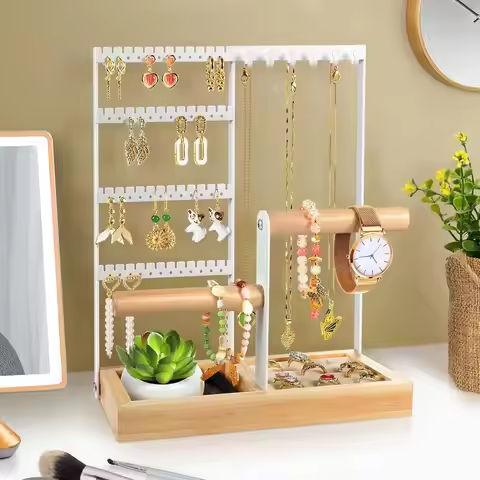 ewelry Holder Organizer, 6 Hooks Necklace Organizer Stand with Wooden Tray, 4-Tier Earring Display Rack with 48 Holes, Jewelry O https://tinyurl.com/2a2sunmk
