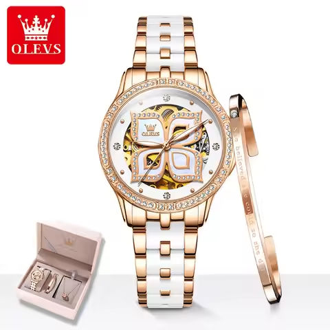 OLEVS 6612 Diamond Automatic Mechanical Watches for Women Elegant Ceramic Strap Hollow Four Leaf Clover Design Women Wristwatch https://tinyurl.com/2438vv7j