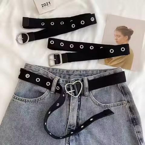 Belt for women in summer, Korean hollowed out full body with holes paired with jeans, student canvas, black, simple, non perfora https://tinyurl.com/255ske3c