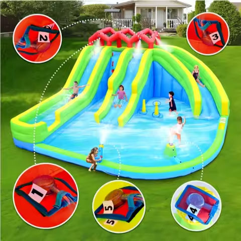 7 in1 Inflatable Water Park Three Slide with Blower Water Gun Sprinkler Fountain Climbing Wall for Children https://tinyurl.com/28lxt427
