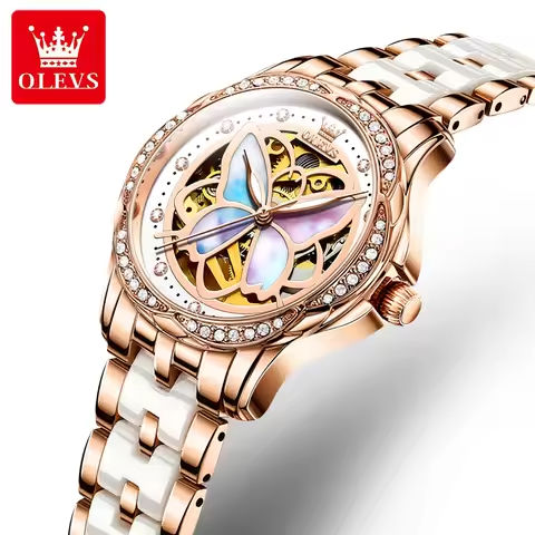 OLEVS 6615 Womens Watch Original Bezel Ceramic Mechanical Automatic Wristwatch Waterproof Luminous Ladies Watch Butterfly Dial https://tinyurl.com/2xvzv4yz
