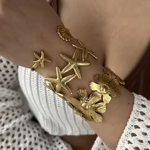 Vintage Exaggerated Wide Cuff Bangle for Women Gold Color Shell Starfish Flower Stainless Steel Bracelet Beach Party Jewelry https://tinyurl.com/24zrzlmp