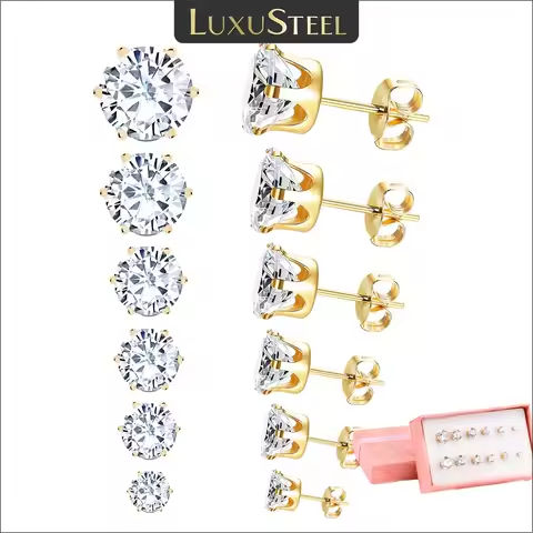 LUXUSTEEL 6Pairs/Set CZ Stud Earrings Stainless Steel Round White Cubic Zirconia Hypoallergenic 6 Claws Earring Trendy Jewelry https://tinyurl.com/23jxjf2d