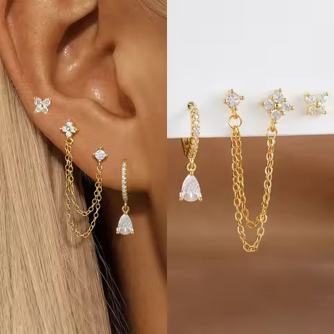 3PCS Set Stainless Steel Crystal CZ Butterfly Ear Stud Earring Gold Plated Pendant Water Drop Cartilage Earring Piercing Jewelry https://tinyurl.com/28g4pgek