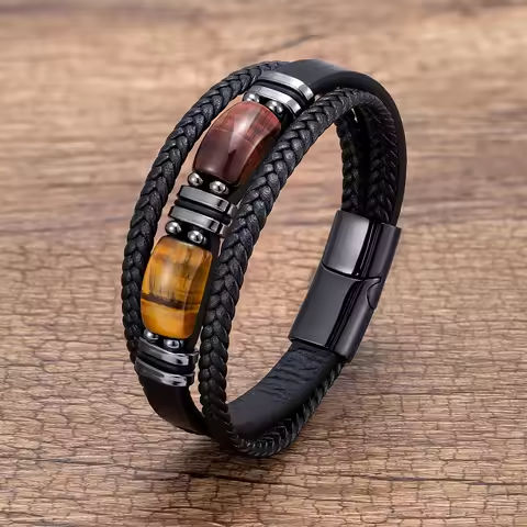 New Natural Tiger Eye Stone Men’s Wristband Bracelet Hand-woven Multi-Layer Braided Leather Bangles Stainless Steel Jewelry https://tinyurl.com/2yfvxh7x