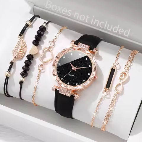 6PCS/Set Women’s Fashion Watch Set Simple Dial Leather Quartz Watch With Love Leaf Bracelet https://tinyurl.com/2docrqls