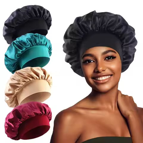 1PC Women’s Satin Solid Bonnets Wide-brimmed Night Sleeping Bathing Hat Unisex Head Wrap Elastic Band Cap Hair Care Bonnet. https://tinyurl.com/27unqrk2