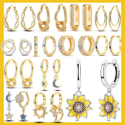 New 925 Sterling Silver Stars Moons Sunflower Golden Hoop Earrings Inlaid Zircon Infinity Love Earrings For Women Wedding Gift https://tinyurl.com/24yhean2