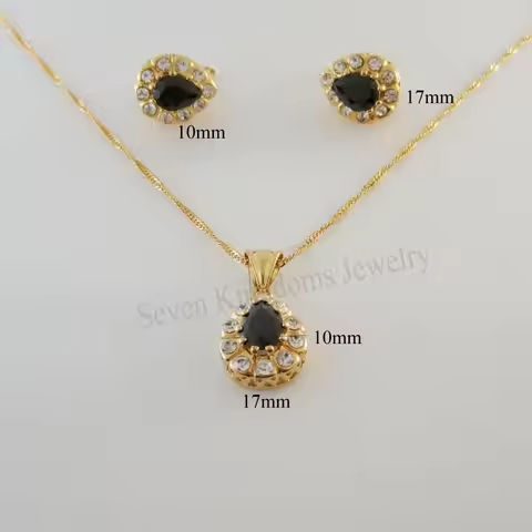 YELLOW GOLD COLOR OVERLAY BLACK ZIRCON  STONE VIVID WATER DROP SHAPE PENDANT NECKLACE EARRING SET/ https://tinyurl.com/2c2ffsm9