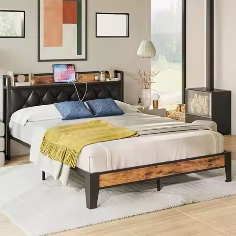 HOOMIC Modern Faux Leather Bed Frame with Iron Pieces Decor, Low Profile Platform Bed with Height-Adjustable Headboard https://tinyurl.com/26j8m8wo