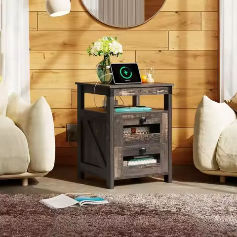 Farmhouse Nightstand with Charger Station, Bedside Tables with Drawer, Side Table with Open Shelf, 2 Drawer Storage for Bedroom https://tinyurl.com/2yf2dqzc