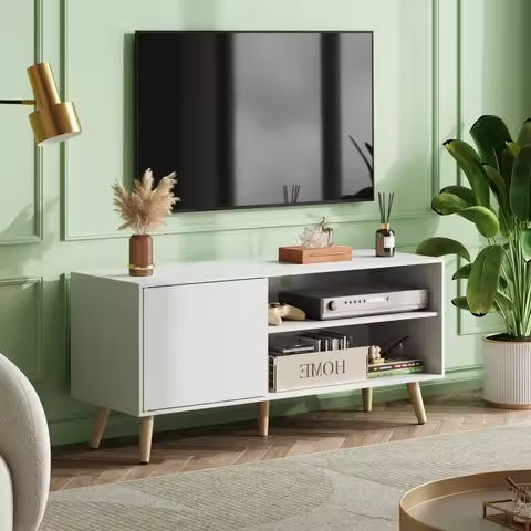 LED Light TV Stand for 55/60/65 inch TV, Modern Gloss Entertainment Center with Drawer and Glass Open Shelf, TV Console Table https://tinyurl.com/26sja8jt