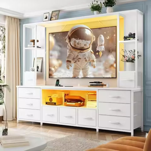 Floating TV Stand for 75/80″ TV, 71″ Wall Mounted LED TV Stand w/Power Outlets, Storage Cabinet, Modern High Gloss Media Console https://tinyurl.com/2bpse7mc