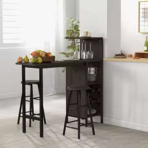 3-Piece Bar Table Set, Wooden Bistro Set w/Pub Table and 2 Saddle Stools, Bar Chairs Under Counter Height Table, Space https://tinyurl.com/23fponp4